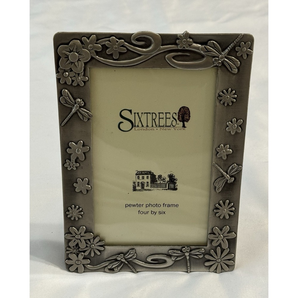 SixTrees Pewter Scrolled Picture Frame Dragonfly Floral Silver 4 X 6 Photo